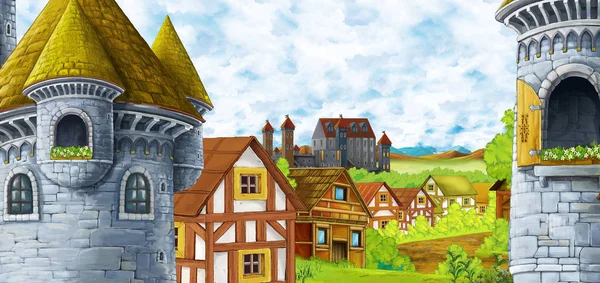 Scène de dessin animé avec château royaume et vallée des montagnes près de la — Photo