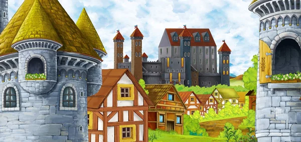 Scena dei cartoni animati con castello regno e montagne valle vicino al — Foto Stock