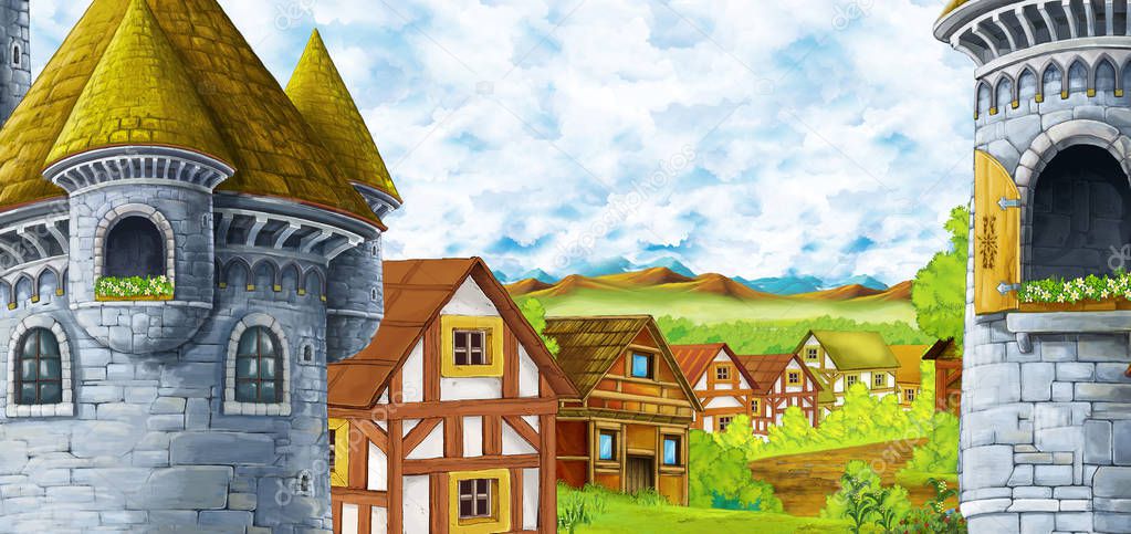 cartoon scene with kingdom castle and mountains valley near the 