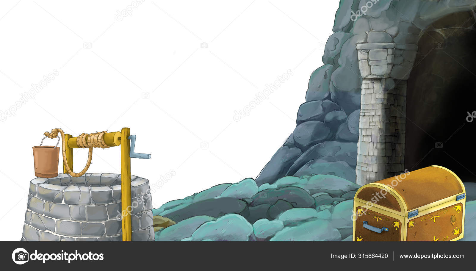 Cartoon scene with entrance to the mine on white background with space