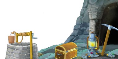 beyaz arkaplanlı madene giriş sahnesi metin için boşluk - çocuklar için illüstrasyon