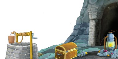 beyaz arkaplanlı madene giriş sahnesi metin için boşluk - çocuklar için illüstrasyon