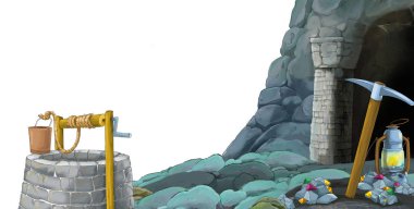 beyaz arkaplanlı madene giriş sahnesi metin için boşluk - çocuklar için illüstrasyon