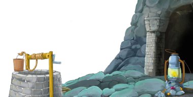 beyaz arkaplanlı madene giriş sahnesi metin için boşluk - çocuklar için illüstrasyon