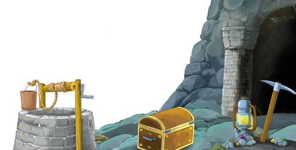 Scena kreskówek z wejściem do kopalni na białym tle z miejscem na tekst - ilustracja dla dzieci — Zdjęcie stockowe