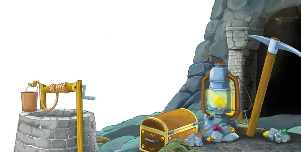 Scène de dessin animé avec entrée à la mine sur fond blanc avec espace pour le texte - illustration pour les enfants — Photo