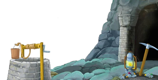 テキストのためのスペースと白の背景に鉱山への入り口を持つ漫画シーン-子供のためのイラスト — ストック写真