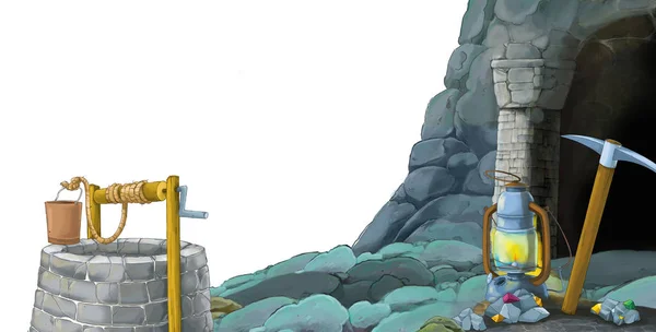 Zeichentrickszene mit Eingang zum Bergwerk auf weißem Hintergrund mit Platz für Text - Illustration für Kinder — Stockfoto