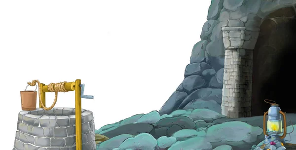 Cena dos desenhos animados com entrada para a mina em fundo branco com espaço para texto - ilustração para crianças — Fotografia de Stock