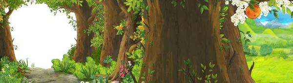 Καρτούν καλοκαιρινή σκηνή με λιβάδι στην απεικόνιση δάσος για — Φωτογραφία Αρχείου