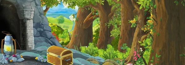 Escena de dibujos animados en el bosque con entrada oculta a la antigua mina — Foto de Stock