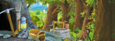 Ormanda eski madene gizli girişi olan karikatür sahnesi