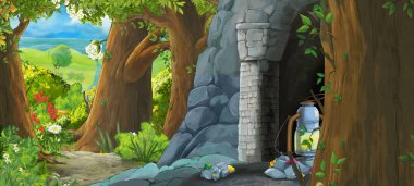 Ormanda eski madene gizli girişi olan karikatür sahnesi