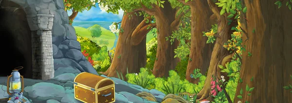 Cartoon scene in the forest with hidden entrance to the old mine — Stock Photo, Image