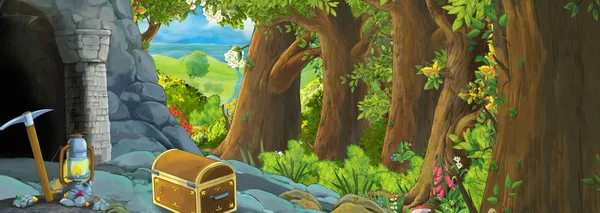 Scenă de desene animate în pădure cu intrare ascunsă în mina veche — Fotografie, imagine de stoc