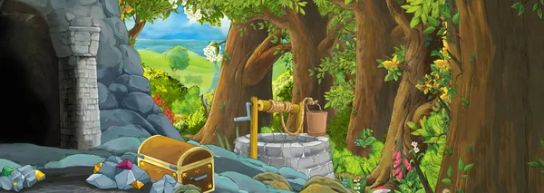 Cartoon scene in the forest with hidden entrance to the old mine — Stock Photo, Image