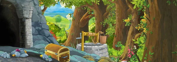 Cartoon scene in the forest with hidden entrance to the old mine — Stock Photo, Image