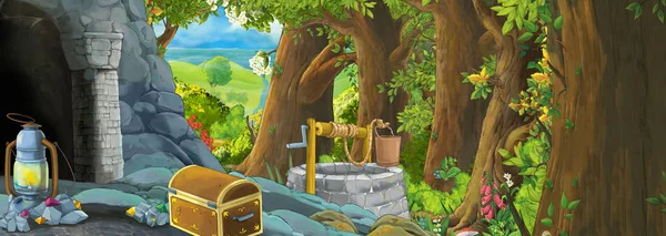 Cartoon scene in the forest with hidden entrance to the old mine — Stock Photo, Image