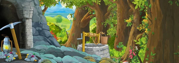 Escena de dibujos animados en el bosque con entrada oculta a la antigua mina — Foto de Stock