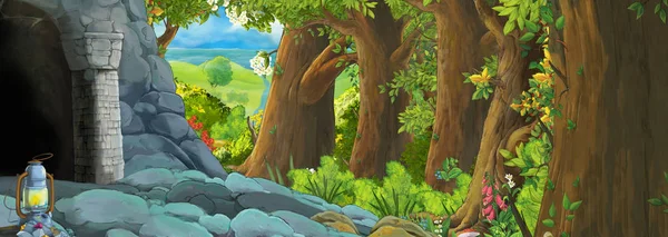 Cena dos desenhos animados na floresta com entrada escondida para a mina velha — Fotografia de Stock