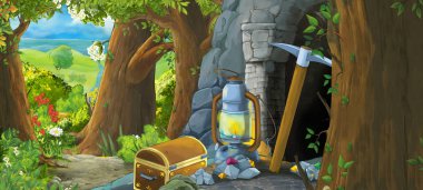 Ormanda eski madenin gizli girişli karikatür sahnesi - çocuklar için çizim