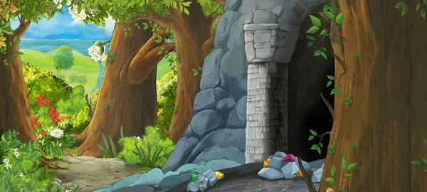 Scena dei cartoni animati nella foresta con ingresso nascosto alla vecchia miniera - illustrazione per bambini — Foto Stock