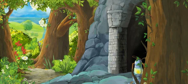 Scène de dessin animé dans la forêt avec entrée cachée de l'ancienne mine - illustration pour enfants — Photo
