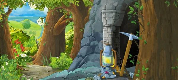 Escena de dibujos animados en el bosque con entrada oculta a la antigua mina - ilustración para niños — Foto de Stock