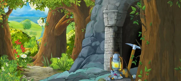 Σκηνή κινουμένων σχεδίων στο δάσος με κρυμμένη είσοδο στο παλιό ορυχείο - εικονογράφηση για παιδιά — Φωτογραφία Αρχείου