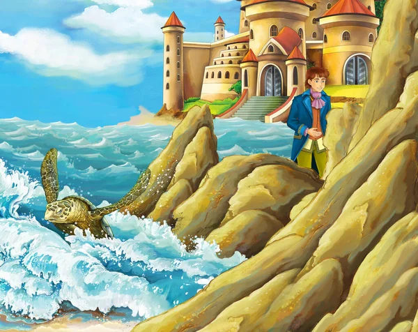 cartoon scene with prince by the sea and beautiful castle - illustration for children