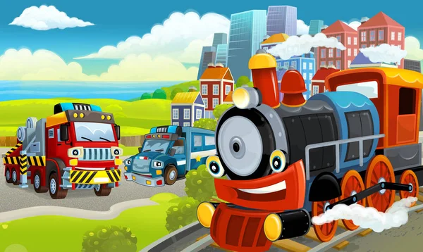 Γελοιογραφία Αστείο Αναζητούν Ατμομηχανή Τρένο Κοντά Στην Πόλη Αυτοκίνητα Εικονογράφηση — Φωτογραφία Αρχείου