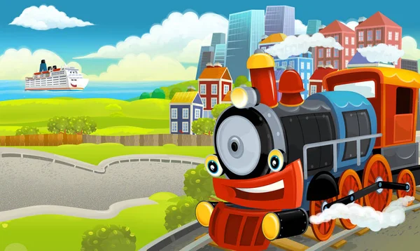 Cartoon Funny Looking Steam Train Locomotive City Cars Illustration Children — Stock Photo, Image