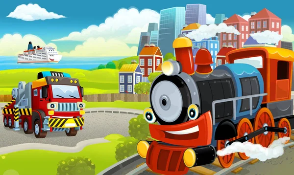 Cartoon funny looking steam train locomotive near the city with cars - illustration for children