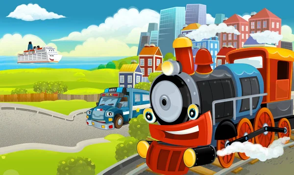 Cartoon Funny Looking Steam Train Locomotive City Cars Illustration Children — Stock Photo, Image