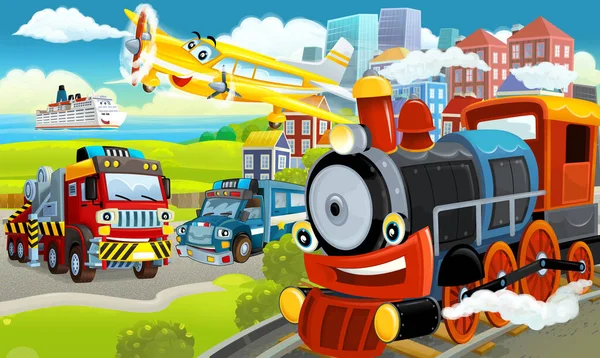 Cartoon funny looking steam train locomotive near the city with cars and plane flying by - illustration for children