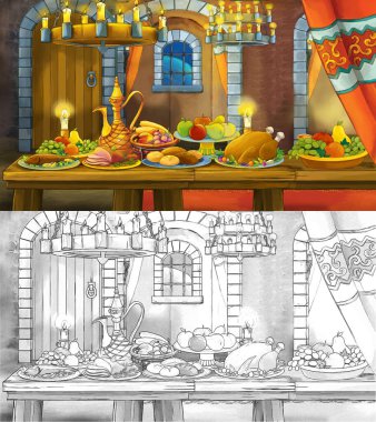 Karikatür masası, şato odası, yemek ve boyama sayfalarıyla dolu. Çocuklar için illüstrasyon.