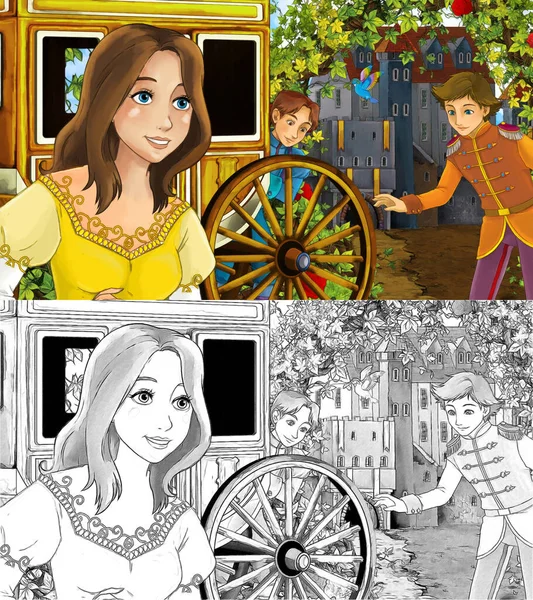 王子と王女と美しい城と幸せな漫画の自然シーン着色ページ 子供のためのイラスト — ストック写真