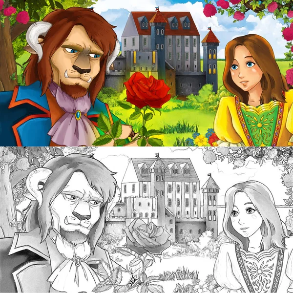 美しい城と幸せな漫画の自然シーン獣王子とプリンセスと着色ページ 子供のためのイラスト — ストック写真