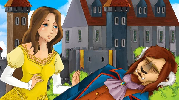 happy cartoon nature scene with beautiful castle with beast prince and princess - illustration for children