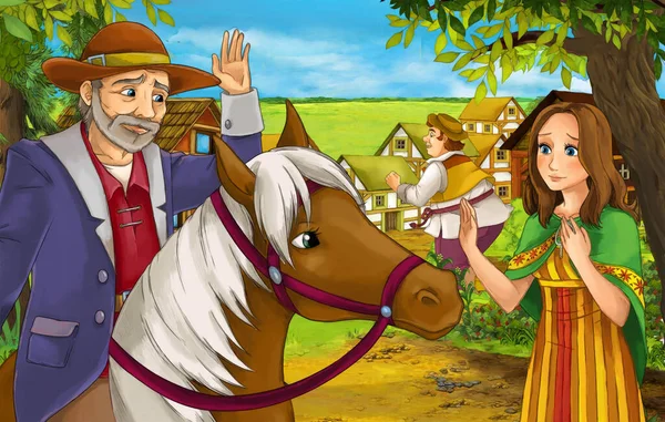 Cartoon nature scene with beautiful farm village near the forest with beautiful young girl daughter and father - illustration for the children