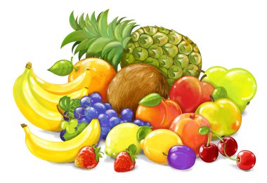 karikatür meyve sahnesi beyaz arka planda birçok farklı meyve seti - çocuklar için illüstrasyon