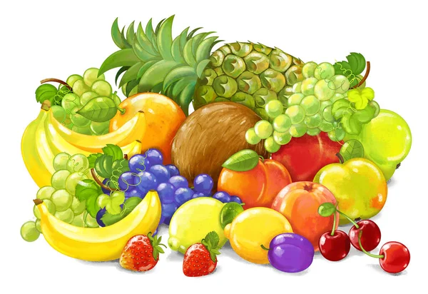 Cartoon Fruit Scene Many Different Fruit Meal Set White Background — Stock Photo, Image
