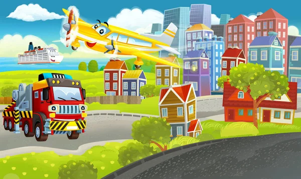 Cartoon Glückliche Szene Mit Verschiedenen Fahrzeugen Autos Illustration Für Kinder — Stockfoto