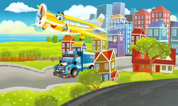 Cartoon Glückliche Szene Mit Verschiedenen Fahrzeugen Autos Illustration Für Kinder — Stockfoto