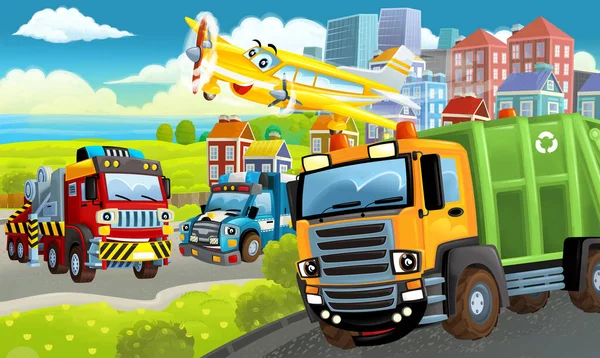 Cartoon Happy Scene Different Vehicles Dumper Car Illustration Children — Stock Photo, Image