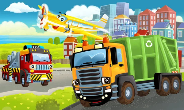 Cartoon Fröhliche Szene Mit Verschiedenen Fahrzeugen Und Dumper Auto Illustration — Stockfoto