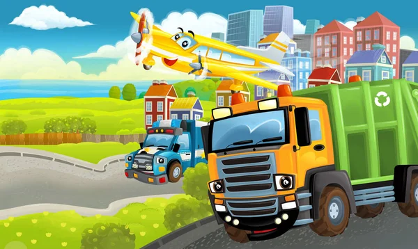 Cartoon Fröhliche Szene Mit Verschiedenen Fahrzeugen Und Dumper Auto Illustration — Stockfoto