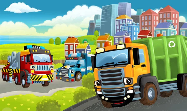 Cartoon Happy Scene Met Verschillende Voertuigen Dumper Auto Illustratie Voor — Stockfoto