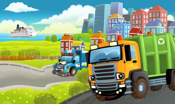 Cartoon Fröhliche Szene Mit Verschiedenen Fahrzeugen Und Dumper Auto Illustration — Stockfoto