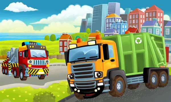 Cartoon Happy Scene Met Verschillende Voertuigen Dumper Auto Illustratie Voor — Stockfoto